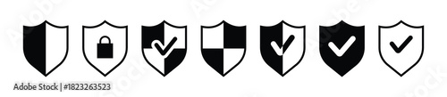 Set of security shield icons, security shields logotypes with check mark and padlock. Safety shield symbols. Security and privacy symbol. Vector illustration. 