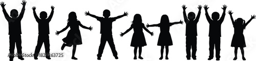 Children silhouette row, raised arms, joyful pose, dancing kids, black figures, white background, cartoon style, expressive movement, playful energy, celebration stance