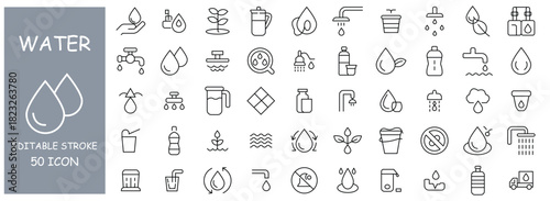 Water drops linear icon collection real estate. Drop Water, Mineral Water, Low and High Tide, Shower, Plastic Bottle and Glass. Vector