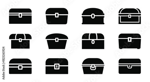 A collection of stylized black treasure chests in various shapes and designs