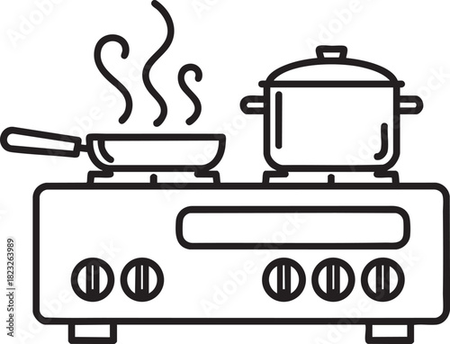 A line art icon of a portable dual burner stovetop with a steaming frying pan and a lidded pot.