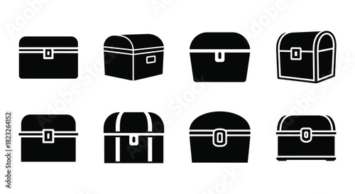 A collection of stylized black treasure chests in various shapes and designs