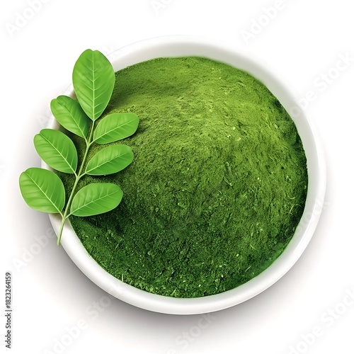 Illustration of moringa powder in a bowl with fresh leaves isolated on white background