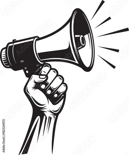 A powerful black and white graphic of a clenched fist holding a megaphone symbolizing voice and activism.