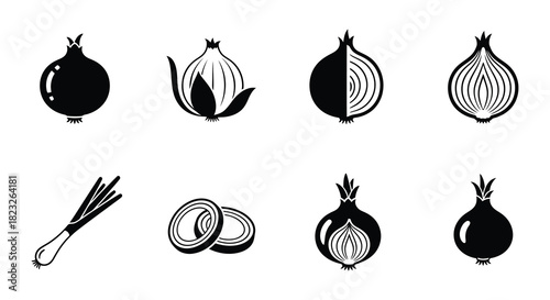 Black and white illustrations depicting various stages of onion growth and slices