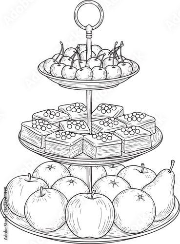 A threetiered serving stand line art illustration filled with cherries square cakes apples and a pear.