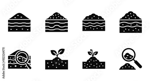 Soil layers plant growth and examination icons in a black silhouette style