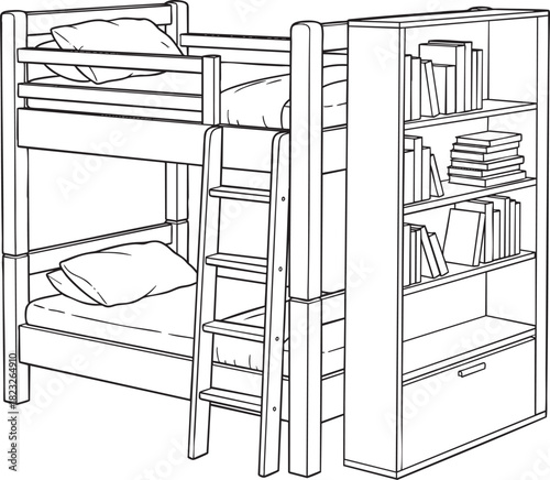 Black and white line art of a wooden bunk bed with a ladder and an attached shelving unit.