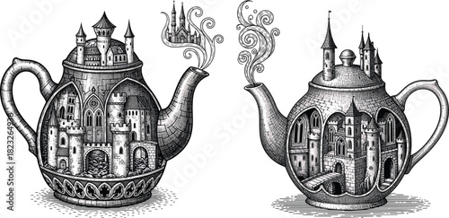 Etched Gothic Teapot Castle Vector Set Featuring Surreal Medieval Architecture And Fantasy Steam Details In Vintage Style