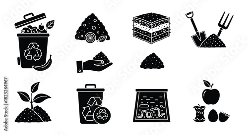 Composting elements bin tools organic waste and sprouting plants illustration