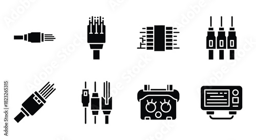 Various electronic connectors and ports illustrated in a simple black and white style