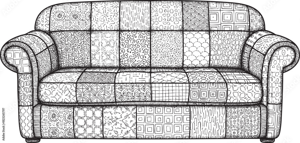 Obraz premium Detailed black and white line drawing of a classic sofa with intricate patchwork upholstery.
