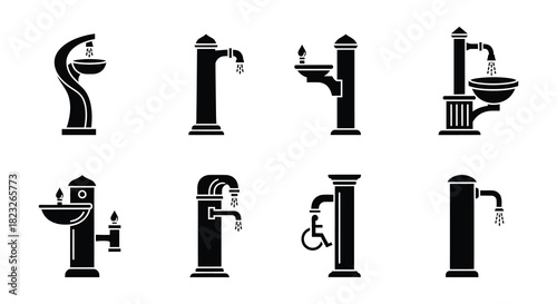 Various styles of modern faucets and washbasins in a black and white illustration