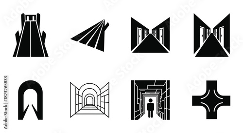 Abstract geometric shapes depicting architectural elements and perspective views