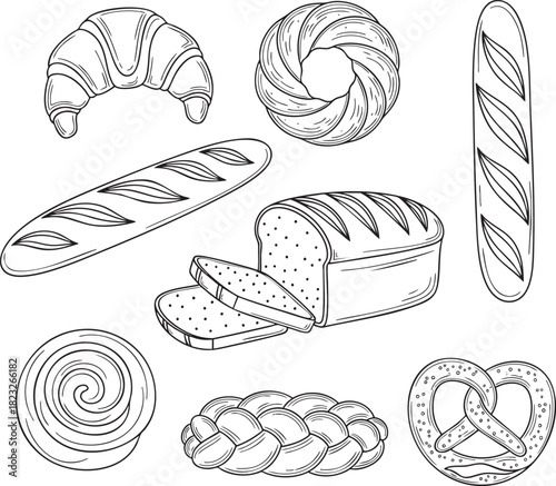 Handdrawn collection of various breads and pastries in a detailed black and white sketch style including a croissant baguette pretzel and sliced loaf.