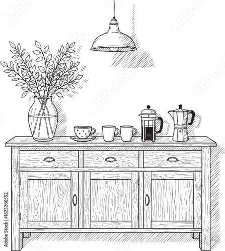 Handdrawn ink illustration of a rustic wooden sideboard with a coffee station French press Moka pot and a vase.