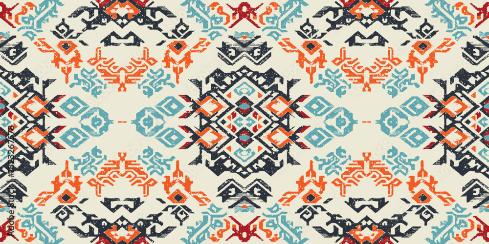 Fototapeta premium Ethnic abstract ikat art. Seamless pattern in tribal, folk embroidery, and Mexican style. Aztec geometric art ornament print. Design for carpet, wallpaper, clothing, wrapping, fabric, cover, textile
