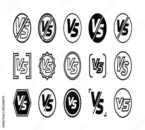 A collection of versus vs icons and symbols in various styles, representing comparison, competition, and opposition, isolated on