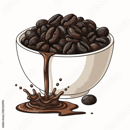 This vibrant illustration features dark roasted coffee beans spilling from a white bowl, with rich brown liquid splashing dynamically, evoking freshness and morning energy.