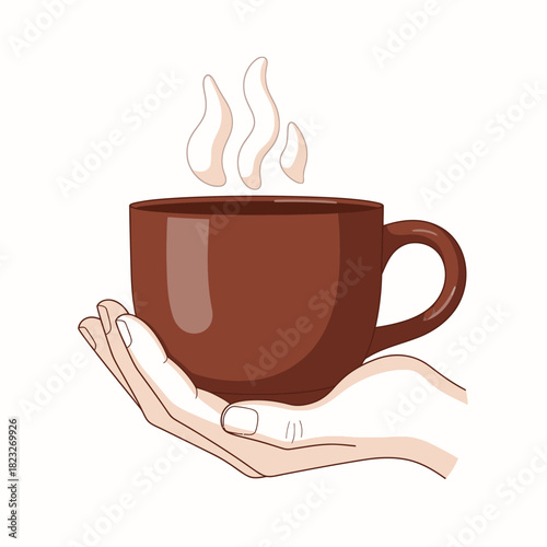 A comforting illustration depicts gentle hands carefully cradling a steaming brown mug, symbolizing warmth, hospitality, and a cozy beverage moment.