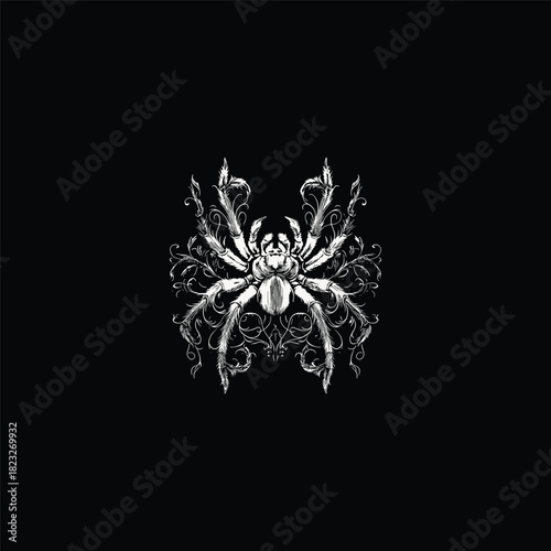 vintage engraving or stipple illustration of a large tarantula with elaborate, baroque floral and vine ornaments surrounding it