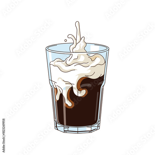 A refreshing glass of iced coffee featuring a dynamic splash of creamy white milk, perfect for illustrating beverage menus or cafe promotions.