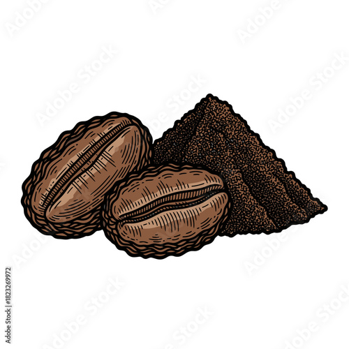 This charming hand-drawn illustration presents two robust coffee beans nestled beside a fragrant mound of finely ground espresso, ready for brewing.