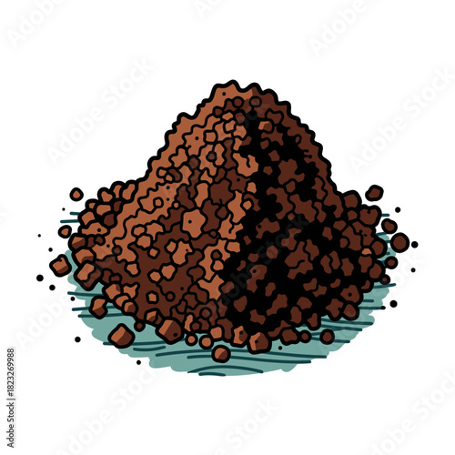 This vibrant hand-drawn illustration features a detailed pile of organic brown soil, representing fertile earth ready for planting and sustainable environmental growth.