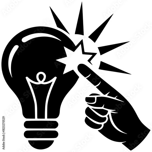 Illuminating Idea: An innovative concept sparks into life as a finger touches a light bulb, symbolizing inspiration and breakthrough.