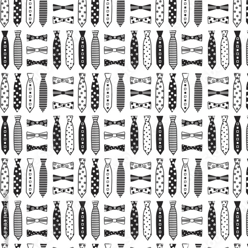 Necktie bow tie seamless pattern. Black and white repeating pattern for Father's Day, gift wrap, cards, backgrounds, gift bags, scrapbooking and more. Tie pattern swatch.