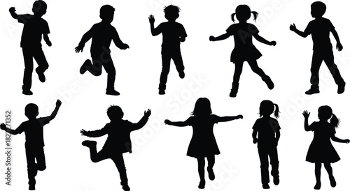 Silhouette collection of active children running jumping and dancing in playful poses on white background for creative illustration and design projects