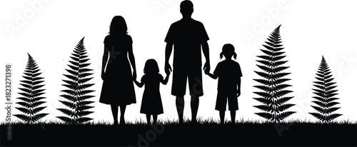 Silhouette of family standing together outdoors holding hands with two children surrounded by grass and fern plants on white background illustration