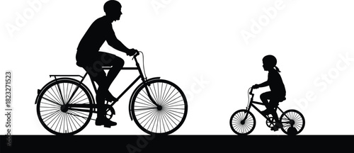 Silhouette of adult and child riding bicycles together on road, family outdoor cycling activity illustration for sports, recreation, fitness and lifestyle