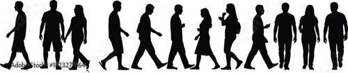 Silhouette group of people walking in various poses, diverse individuals in motion, urban crowd illustration for lifestyle, activity and street concept