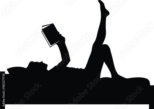 Silhouette of person lying on bed reading a book, relaxing leisure moment, cozy bedtime routine illustration for lifestyle and education themes