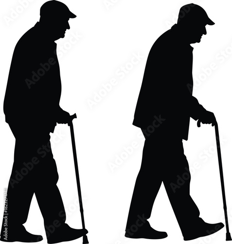 Silhouette of elderly men walking with canes, senior mobility support, aging health concept, isolated black vector illustration for healthcare design