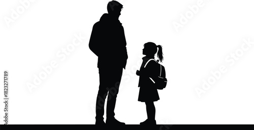 Silhouette adult talking with schoolgirl wearing backpack standing together communication parenting education guidance support black isolated vector illustration design concept