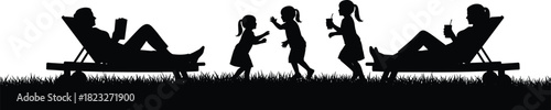 Silhouette family relaxing outdoors on lounge chairs while children play together in grass summer leisure activity holiday vacation scene illustration