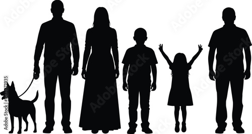 Silhouette of family with children standing together father mother kids and dog pet walking pose isolated vector illustration design