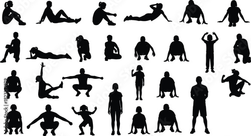 Silhouette collection of people sitting standing posing stretching exercising various human positions diverse body gestures vector illustration set