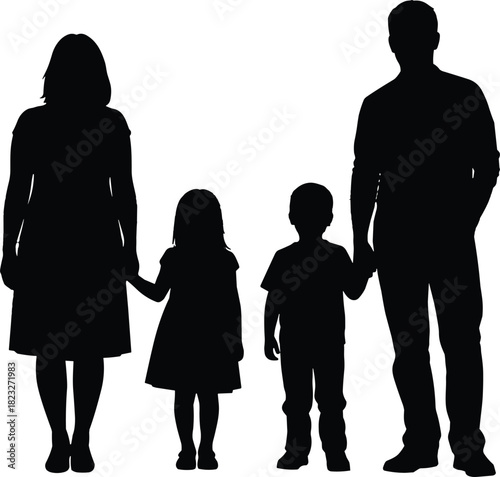 Silhouette of family standing together holding hands father mother daughter son united parent child bond vector illustration isolated