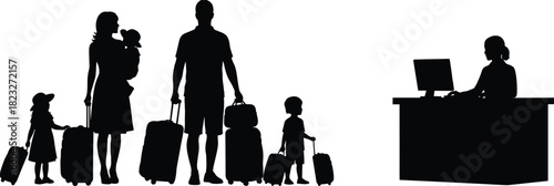 Silhouette illustration of traveling family with luggage approaching airport check in counter while staff works 