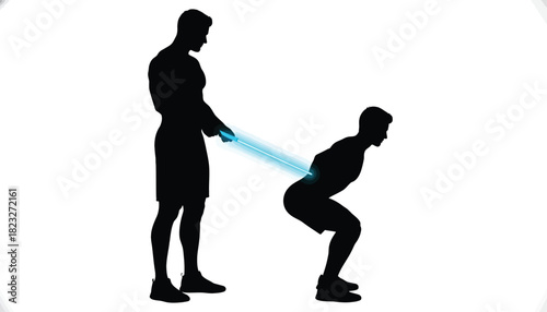 Man assisting another man with squats using a resistance band fitness training illustration isolated on white background