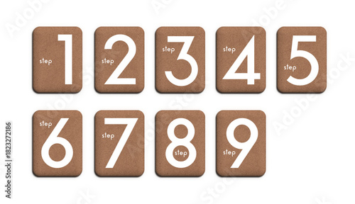 クラフト紙風の質感が温かい・丸みを帯びた立体プレートに数字を配置したステップ1〜9の工程説明用シンプルデザイン素材セット