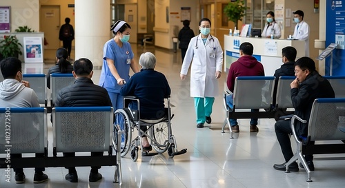 Busy hospital waiting area with staff and patients.