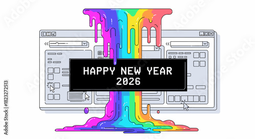 A vibrant digital illustration for Happy New Year 2026, showing a retro computer interface with colorful rainbow liquid, symbolizing a fresh, new beginning.