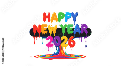 A vibrant and playful 'Happy New Year 2026' greeting featuring colorful dripping paint letters creating a festive and cheerful celebration design.