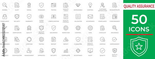 Minimal clean line–style Quality Assurance icon set for audit, certification, compliance, and verification needs. Perfect for business reports, dashboards, and process improvement visuals.
