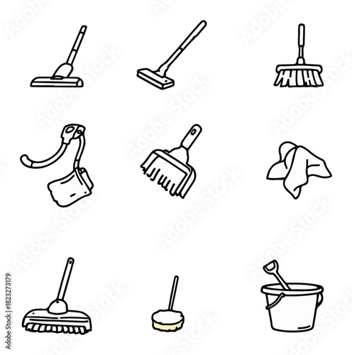 Cleaning tools icons set white outline on black background