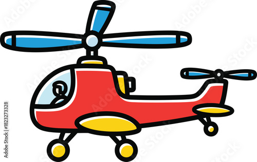 A vibrant red cartoon helicopter with blue rotor blades and yellow accents illustrated in a simple bold outline style.